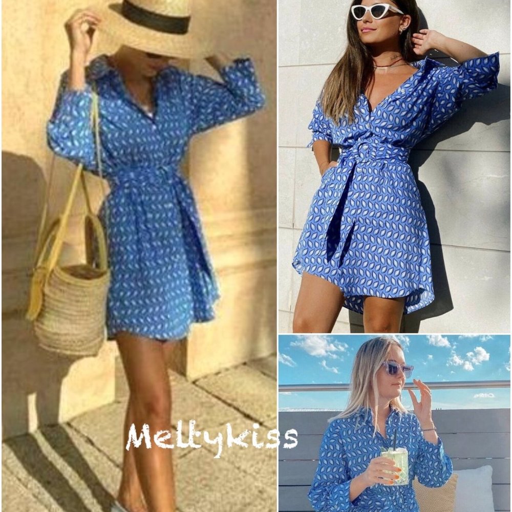 ZARA PRINTED SHIRT DRESS WITH BELT BLUE Sz-L